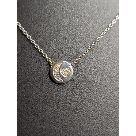 NWT Fine Silver Plated Heart Moon CZ Disc Chain Necklace - Picture 2 of 6